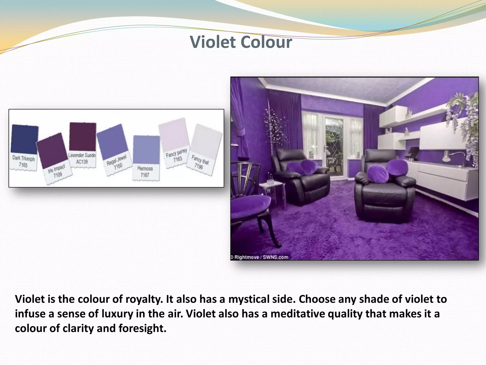 Violet Colour
Violet is the colour of royalty. It also has a mystical side. Choose any shade of violet to
infuse a sense of luxury in the air. Violet also has a meditative quality that makes it a
colour of clarity and foresight.
 