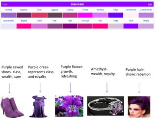 Purple sawed    Purple dress-      Purple flower-
                                                    Amethyst-         Purple hair-
shoes- class,   represents class   growth,
                                                    wealth, royalty   shows rebellion
wealth, care    and royalty        refreshing
 