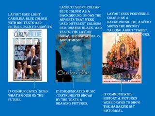 Layout used Cerulean
                             Blue colour as a
Layout used light            background. Shows the     Layout uses Periwinkle
Carolina blue colour         adverts that were         colour as a
with big texts and           used different colours    background. The advert
picture used to show it’s    red, orange black, and    shows the history
about News.                  texts. The layout         talking about “paris”.
                             shows the magazine is     Used different colours.
                             about Music.




It communicates News        It communicates music
what’s going on the         / instruments shows       It communicates
future.                     by the texts &            history & pictures
                            drawing pictures.         were drawn to show
                                                      the magazine is t
                                                      historical.
 