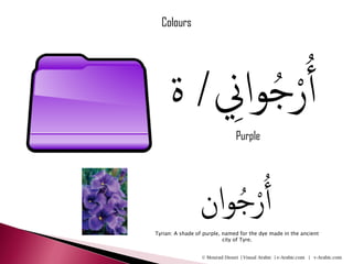 Colours




     ‫جوان/ ة‬
         ِ ُ ُْ‫أر‬
                                Purple




                 ‫جوان‬
                    ُ ُْ‫أر‬
Tyrian: A shade of purple, named for the dye made in the ancient
                           city of Tyre.


                  © Mourad Diouri | Visual Arabic | e-Arabic.com | v-Arabic.com
 