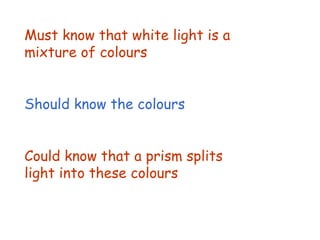 Must know that white light is a mixture of colours Should know the colours Could know that a prism splits light into these colours 
