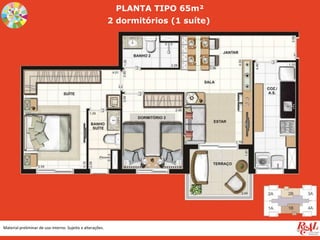 Material preliminar de uso interno. Sujeito a alterações.
PLANTA TIPO 65m²
2 dormitórios (1 suíte)
 