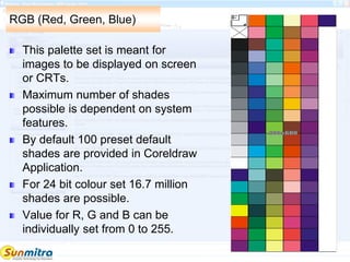 RGB (Red, Green, Blue)
This palette set is meant for
images to be displayed on screen
or CRTs.
Maximum number of shades
possible is dependent on system
features.
By default 100 preset default
shades are provided in Coreldraw
Application.
For 24 bit colour set 16.7 million
shades are possible.
Value for R, G and B can be
individually set from 0 to 255.
 