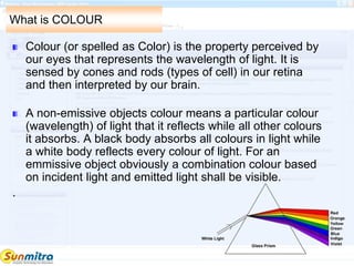 What is COLOUR
Colour (or spelled as Color) is the property perceived by
our eyes that represents the wavelength of light. It is
sensed by cones and rods (types of cell) in our retina
and then interpreted by our brain.
A non-emissive objects colour means a particular colour
(wavelength) of light that it reflects while all other colours
it absorbs. A black body absorbs all colours in light while
a white body reflects every colour of light. For an
emmissive object obviously a combination colour based
on incident light and emitted light shall be visible.
.
 