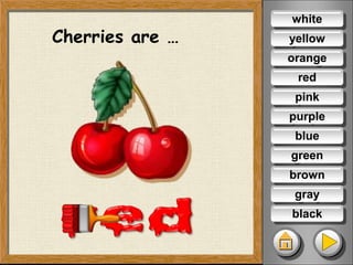 Cherries are …
white
yellow
orange
red
pink
purple
blue
green
brown
gray
black
 