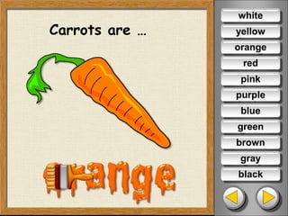 Carrots are …
white
yellow
red
pink
purple
blue
green
brown
gray
black
orange
 