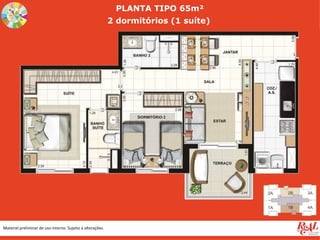 PLANTA TIPO 65m²
                                                            2 dormitórios (1 suíte)




Material preliminar de uso interno. Sujeito a alterações.
 