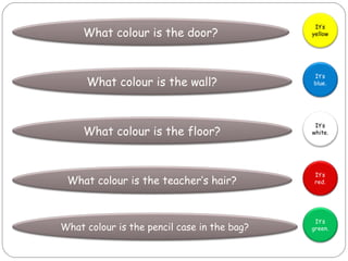 It’s
     What colour is the door?                yellow




                                             It’s
     What colour is the wall?                blue.




                                              It’s
     What colour is the floor?               white.




                                              It’s
 What colour is the teacher’s hair?           red.




                                              It’s
What colour is the pencil case in the bag?   green.
 