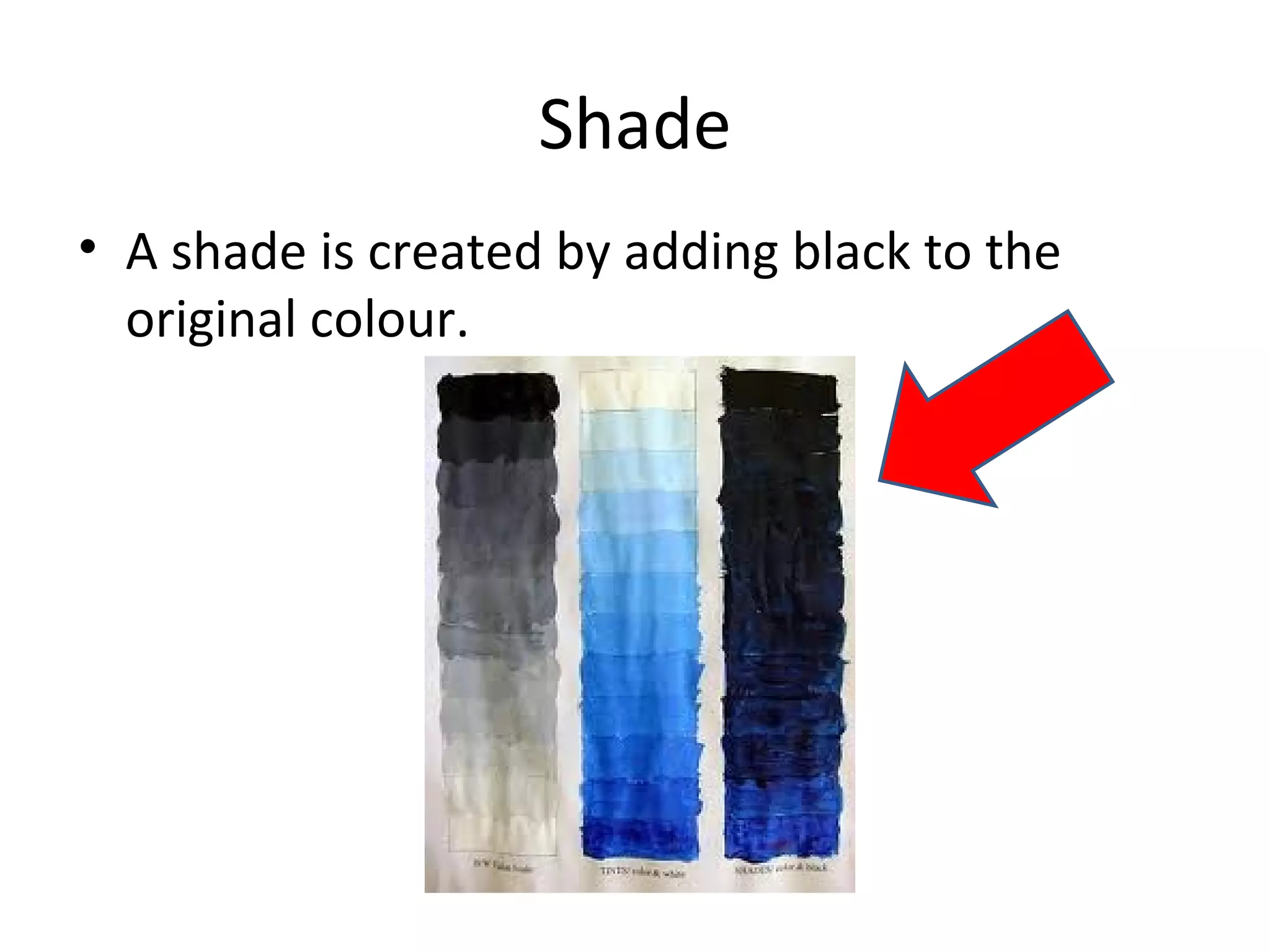 Shade
• A shade is created by adding black to the
original colour.