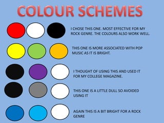 COLOUR SCHEMESI CHOSE THIS ONE. MOST EFFECTIVE FOR MY ROCK GENRE. THE COLOURS ALSO WORK WELL.THIS ONE IS MORE ASSOCIATED WITH POP MUSIC AS IT IS BRIGHT.I THOUGHT OF USING THIS AND USED IT FOR MY COLLEGE MAGAZINE.THIS ONE IS A LITTLE DULL SO AVOIDED USING ITAGAIN THIS IS A BIT BRIGHT FOR A ROCK GENRE