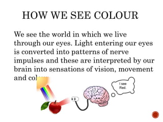 HOW WE SEE COLOUR
We see the world in which we live
through our eyes. Light entering our eyes
is converted into patterns of nerve
impulses and these are interpreted by our
brain into sensations of vision, movement
and colour.
 