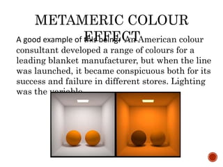 METAMERIC COLOUR
EFFECTA good example of this being: An American colour
consultant developed a range of colours for a
leading blanket manufacturer, but when the line
was launched, it became conspicuous both for its
success and failure in different stores. Lighting
was the variable.
 