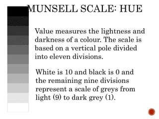 Value measures the lightness and
darkness of a colour. The scale is
based on a vertical pole divided
into eleven divisions.
White is 10 and black is 0 and
the remaining nine divisions
represent a scale of greys from
light (9) to dark grey (1).
MUNSELL SCALE: HUE
 