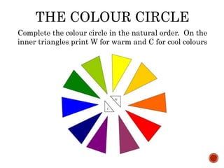 THE COLOUR CIRCLE
Complete the colour circle in the natural order. On the
inner triangles print W for warm and C for cool colours
 