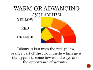 WARM OR ADVANCING
COLOURS
Colours taken from the red, yellow,
orange part of the colour circle which give
the appear to come towards the eye and
the appearance of warmth.
YELLOW
RED
ORANGE
 