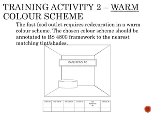 The fast food outlet requires redecoration in a warm
colour scheme. The chosen colour scheme should be
annotated to BS 4800 framework to the nearest
matching tint/shades.
 