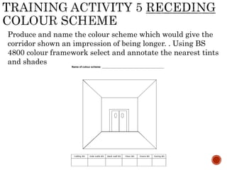 Produce and name the colour scheme which would give the
corridor shown an impression of being longer. . Using BS
4800 colour framework select and annotate the nearest tints
and shades
 