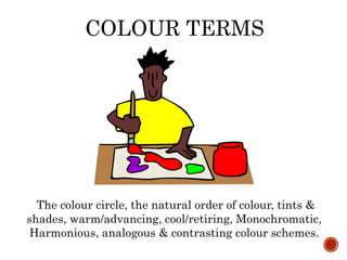 COLOUR TERMS
The colour circle, the natural order of colour, tints &
shades, warm/advancing, cool/retiring, Monochromatic,
Harmonious, analogous & contrasting colour schemes.
 