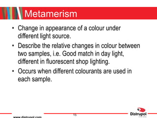Metamerism Change in appearance of a colour under different light source. Describe the relative changes in colour between two samples, i.e. Good match in day light, different in fluorescent shop lighting. Occurs when different colourants are used in each sample. 