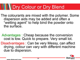 Dry Colour or Dry Blend The colourants are mixed with the polymer. Some dispersion aids may be added and often a “wetting agent” to help bind the powder onto the surface. Advantages :  Cheap because the conversion cost is low. Quick to prepare. Very small lot. Disadvantages :  Can be very Messy, can affect drying, colour can vary with different machine due to dispersion. 