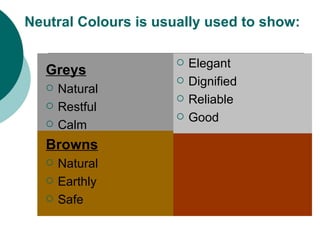 Greys Natural Restful Calm Browns Natural Earthly Safe Elegant Dignified Reliable Good Neutral Colours   is usually used to show: 