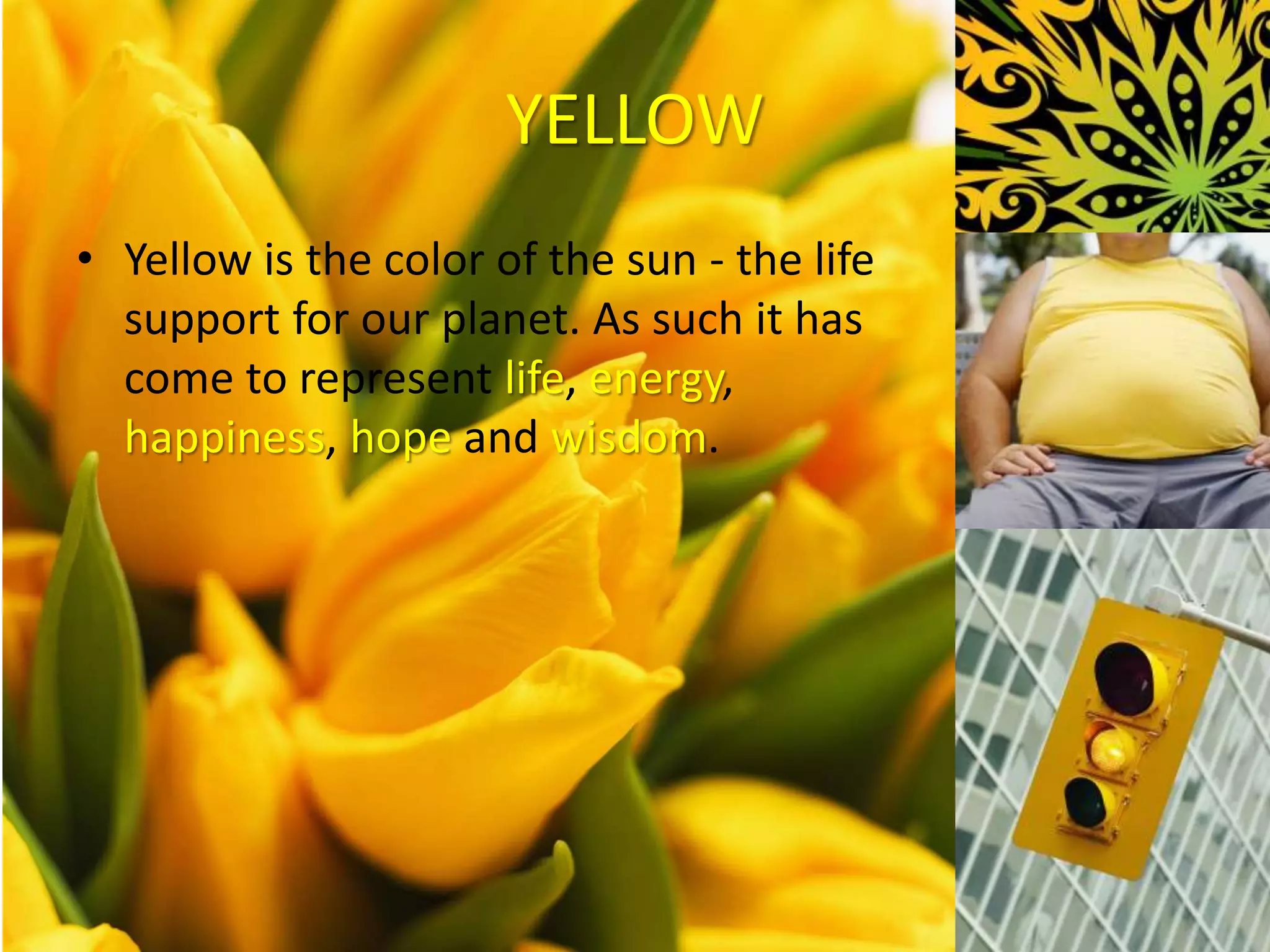 YELLOW
• Yellow is the color of the sun - the life
support for our planet. As such it has
come to represent life, energy,
happiness, hope and wisdom.
 