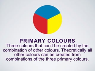 PRIMARY COLOURS
Three colours that can’t be created by the
combination of other colours. Theoretically all
other colours can be created from
combinations of the three primary colours.
 