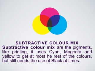 SUBTRACTIVE COLOUR MIX
Subtractive colour mix are the pigments,
like printing, it uses Cyan, Magenta and
yellow to get at most he rest of the colours,
but still needs the use of Black at times.
 
