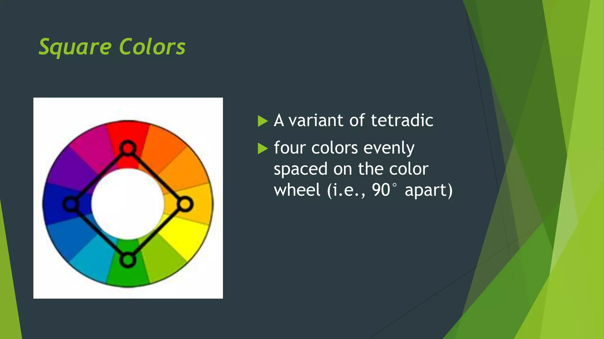 Square Colors
 A variant of tetradic
 four colors evenly
spaced on the color
wheel (i.e., 90° apart)
 