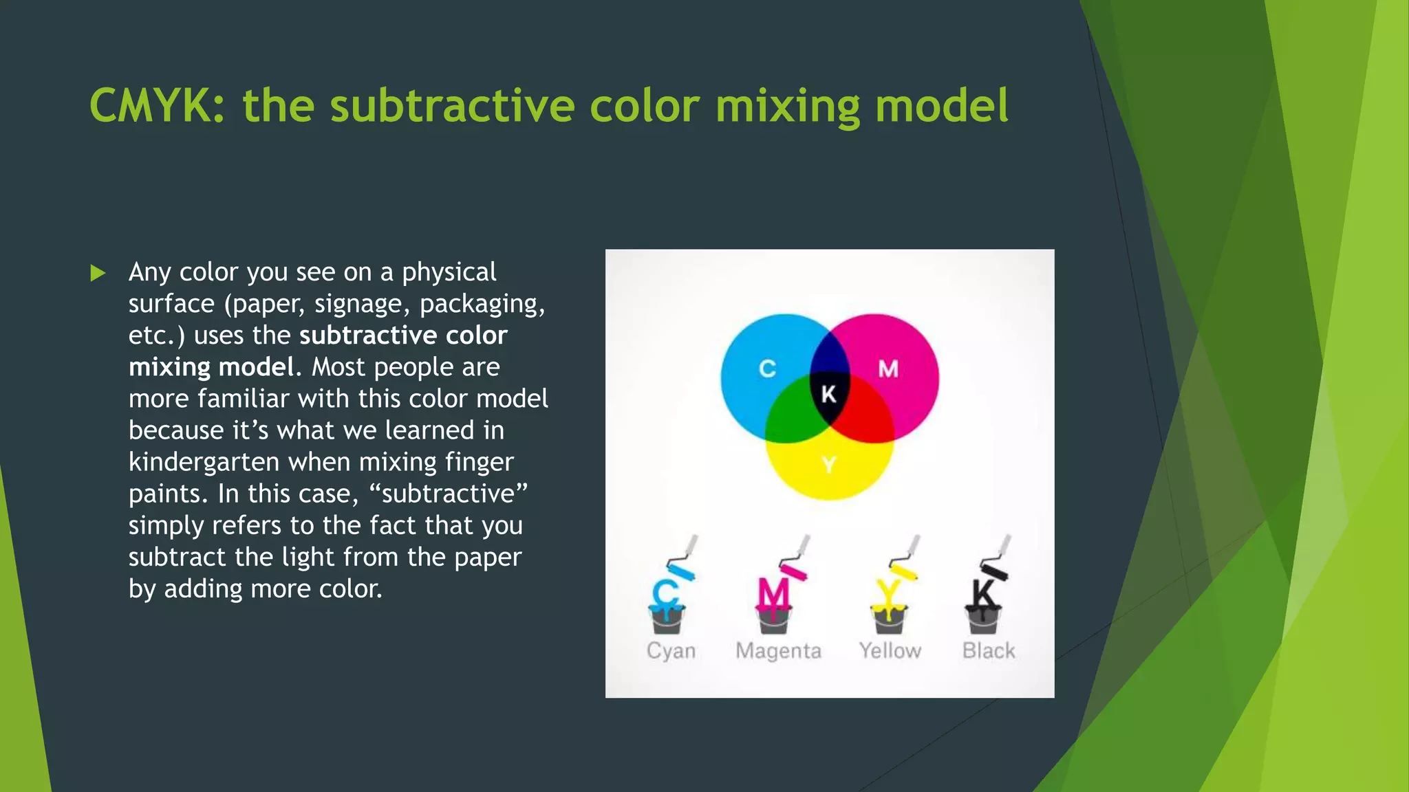 CMYK: the subtractive color mixing model
 Any color you see on a physical
surface (paper, signage, packaging,
etc.) uses the subtractive color
mixing model. Most people are
more familiar with this color model
because it’s what we learned in
kindergarten when mixing finger
paints. In this case, “subtractive”
simply refers to the fact that you
subtract the light from the paper
by adding more color.
 