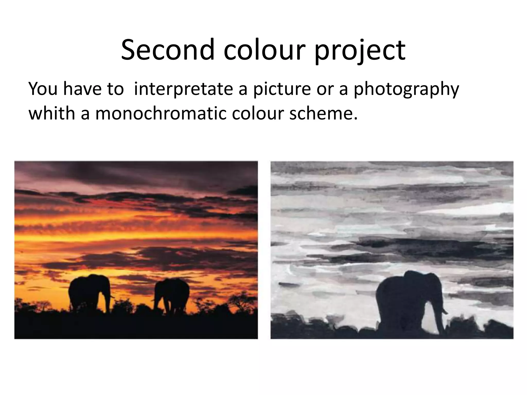 Second colour project
You have to interpretate a picture or a photography
whith a monochromatic colour scheme.
 