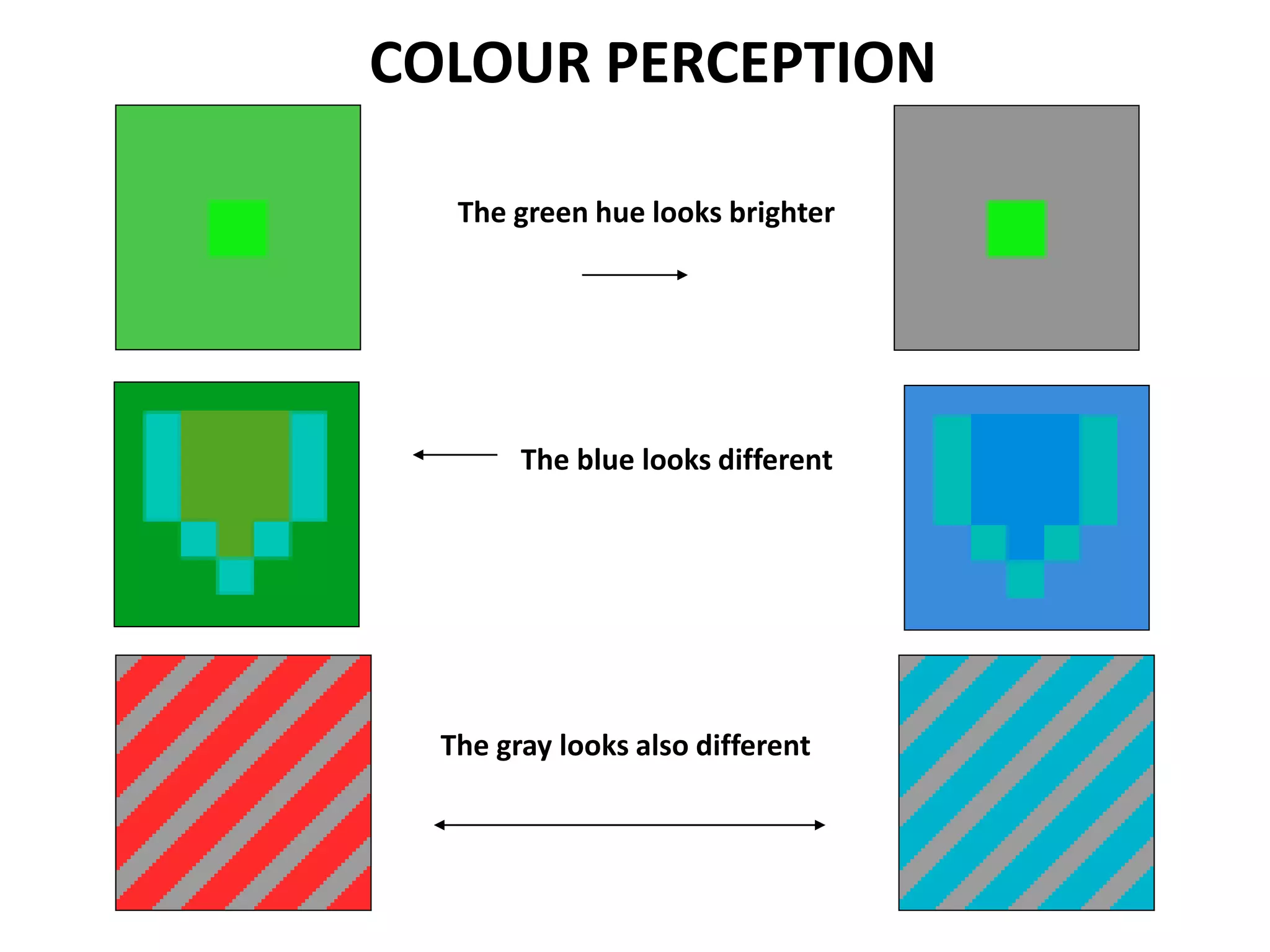 COLOUR PERCEPTION
The green hue looks brighter
The blue looks different
The gray looks also different
 