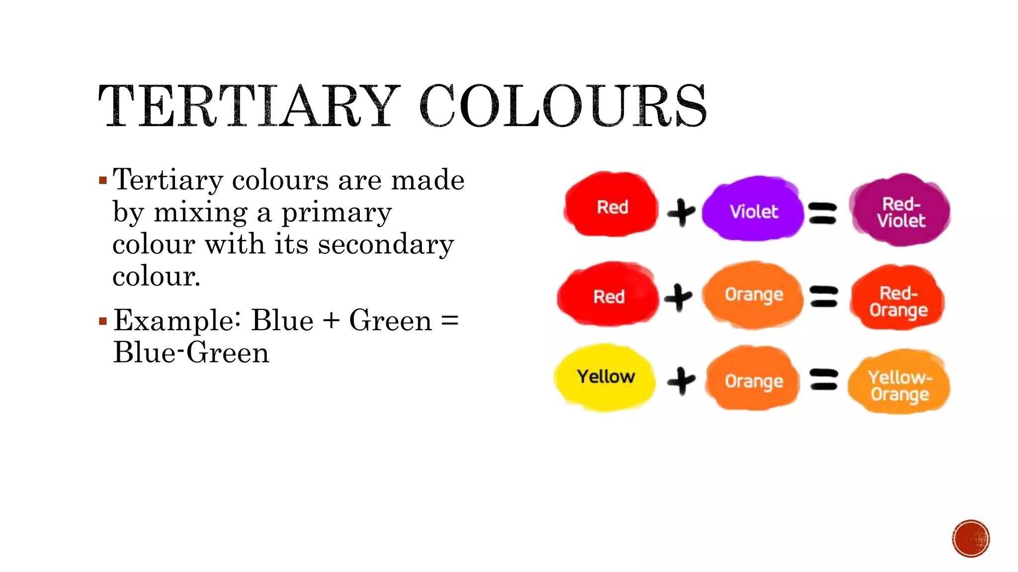 Tertiary colours are made
by mixing a primary
colour with its secondary
colour.
Example: Blue + Green =
Blue-Green
 