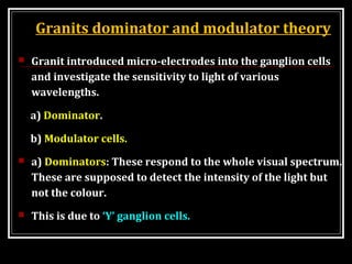 Granits dominator and modulator theory
 Granit introduced micro-electrodes into the ganglion cells
and investigate the sensitivity to light of various
wavelengths.
a) Dominator.
b) Modulator cells.
 a) Dominators: These respond to the whole visual spectrum.
These are supposed to detect the intensity of the light but
not the colour.
 This is due to ‘Y’ ganglion cells.
 