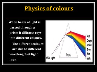 Physics of colours
When beam of light is
passed through a
prism it diffracts rays
into different colours.
The different colours
are due to different
wavelength of light
rays.
 