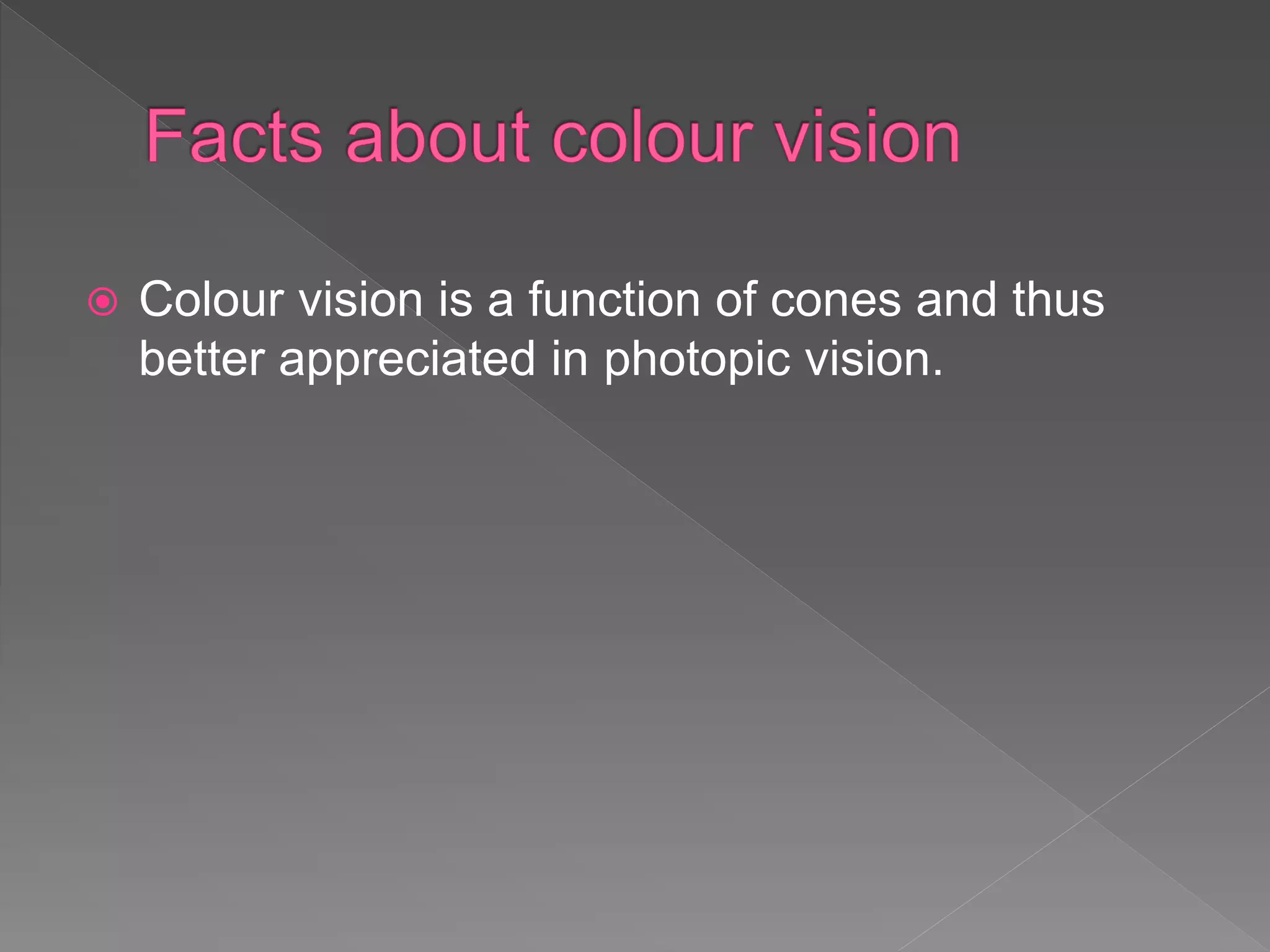  Colour vision is a function of cones and thus
better appreciated in photopic vision.
 