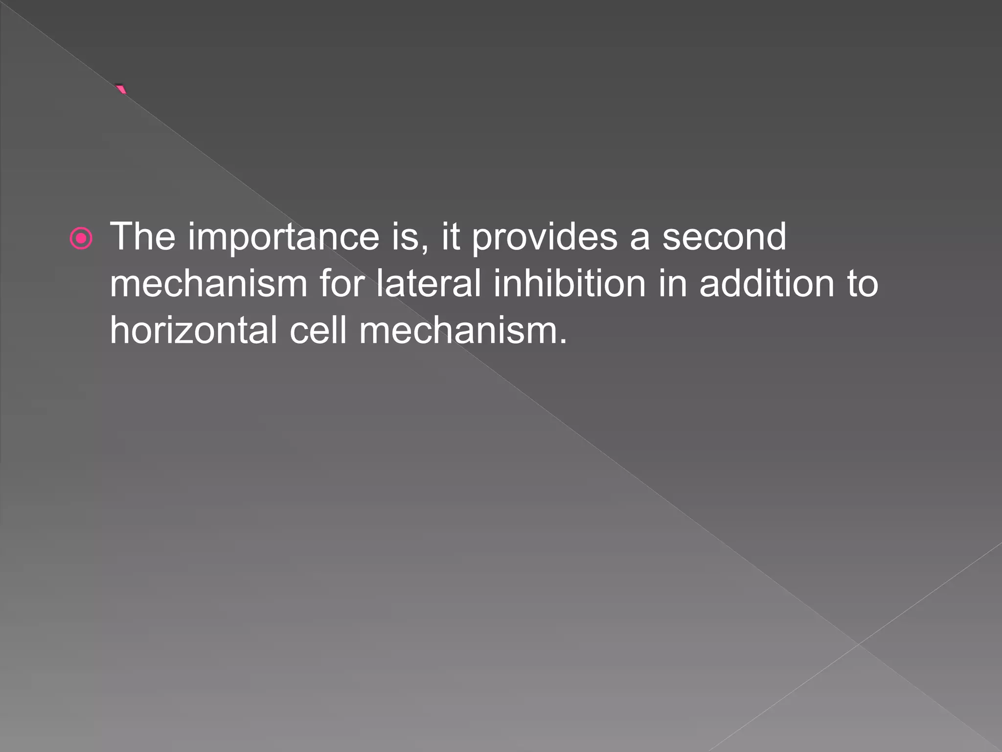  The importance is, it provides a second
mechanism for lateral inhibition in addition to
horizontal cell mechanism.
 