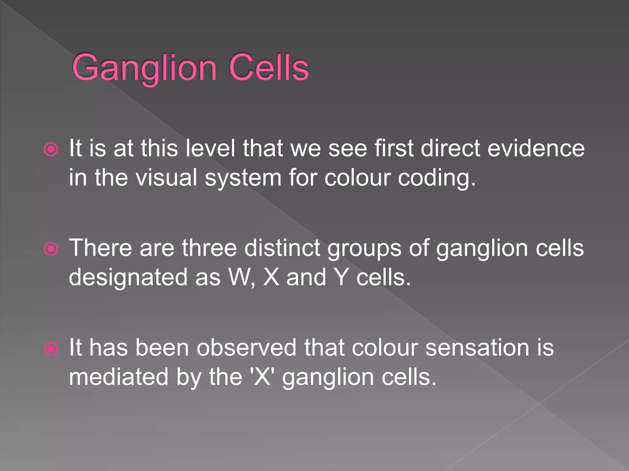  It is at this level that we see first direct evidence
in the visual system for colour coding.
 There are three distinct groups of ganglion cells
designated as W, X and Y cells.
 It has been observed that colour sensation is
mediated by the 'X' ganglion cells.
 