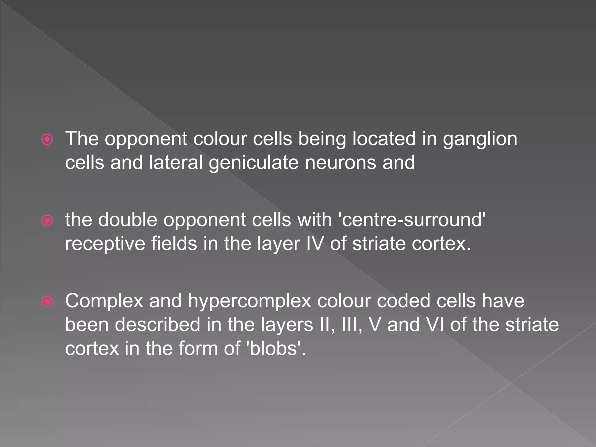  The opponent colour cells being located in ganglion
cells and lateral geniculate neurons and
 the double opponent cells with 'centre-surround'
receptive fields in the layer IV of striate cortex.
 Complex and hypercomplex colour coded cells have
been described in the layers II, III, V and VI of the striate
cortex in the form of 'blobs'.
 