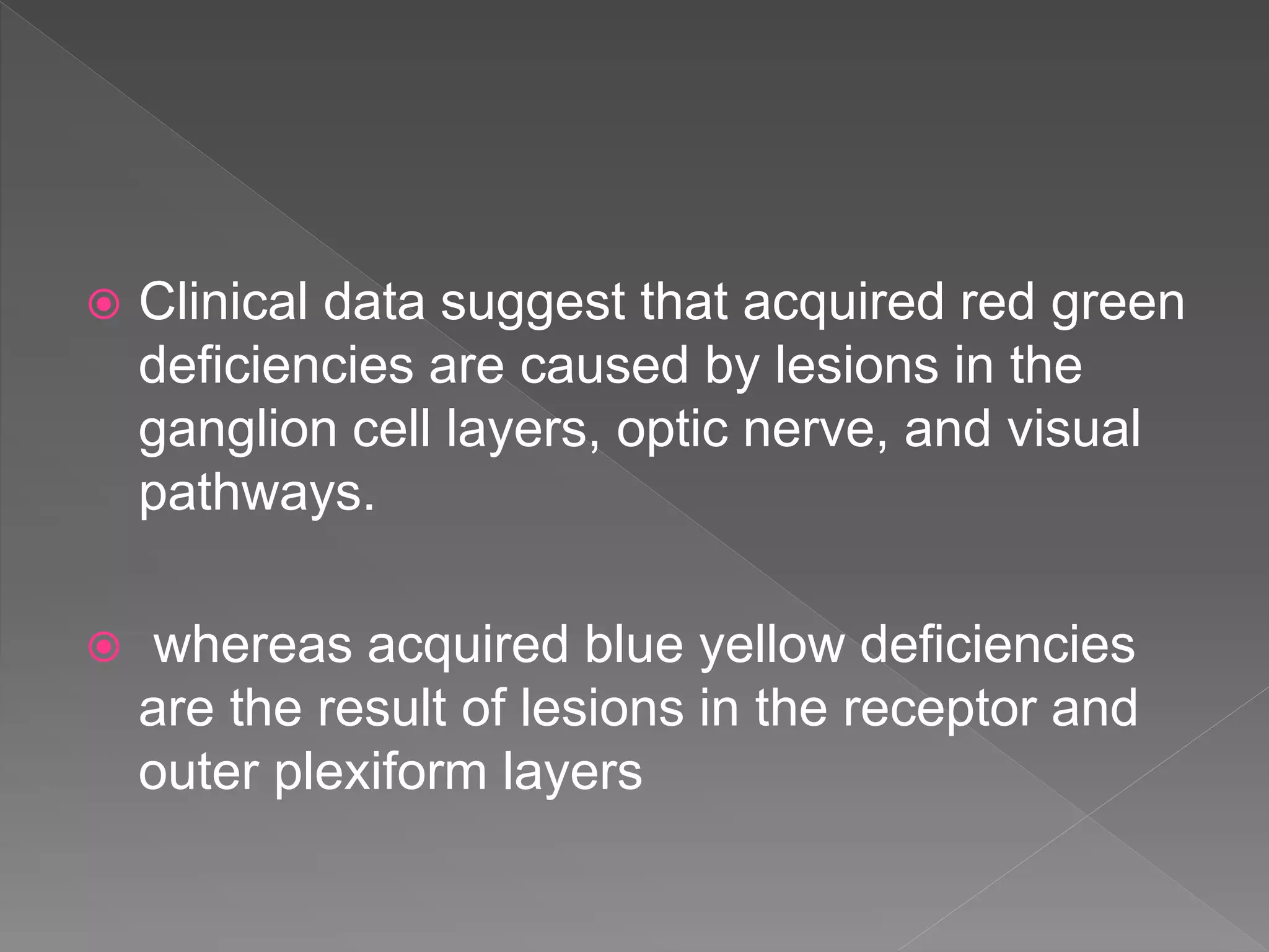  Clinical data suggest that acquired red green
deficiencies are caused by lesions in the
ganglion cell layers, optic nerve, and visual
pathways.
 whereas acquired blue yellow deficiencies
are the result of lesions in the receptor and
outer plexiform layers
 