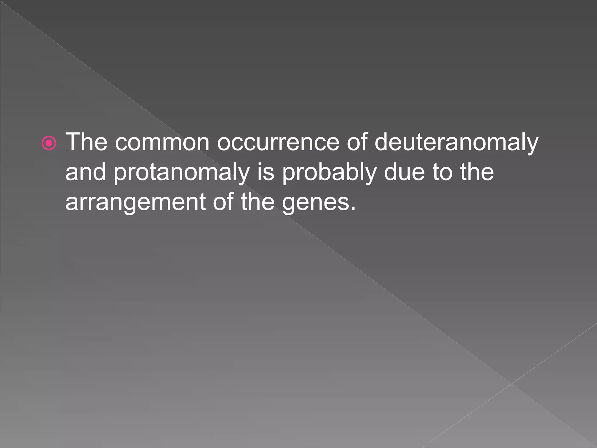  The common occurrence of deuteranomaly
and protanomaly is probably due to the
arrangement of the genes.
 