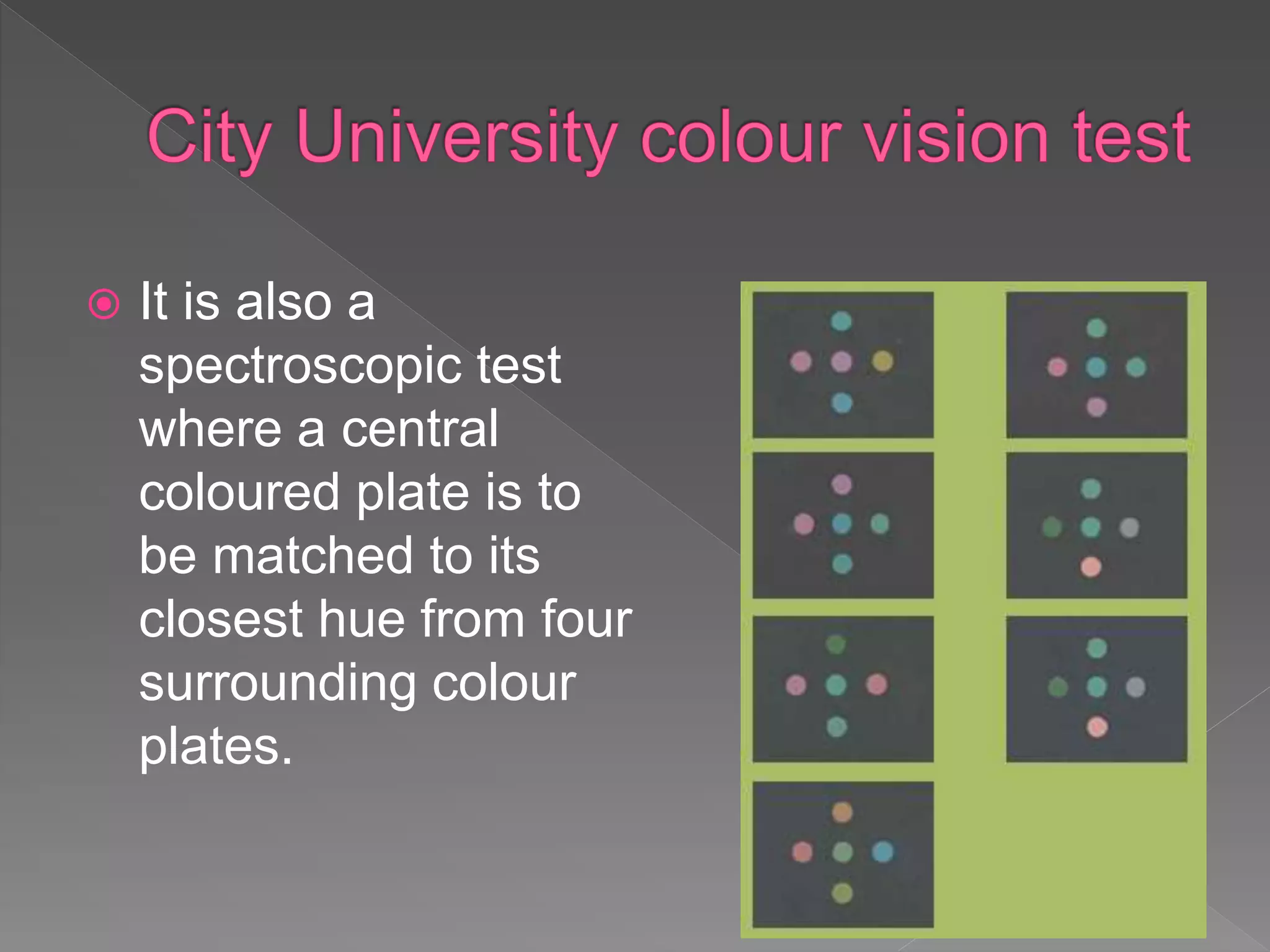  It is also a
spectroscopic test
where a central
coloured plate is to
be matched to its
closest hue from four
surrounding colour
plates.
 