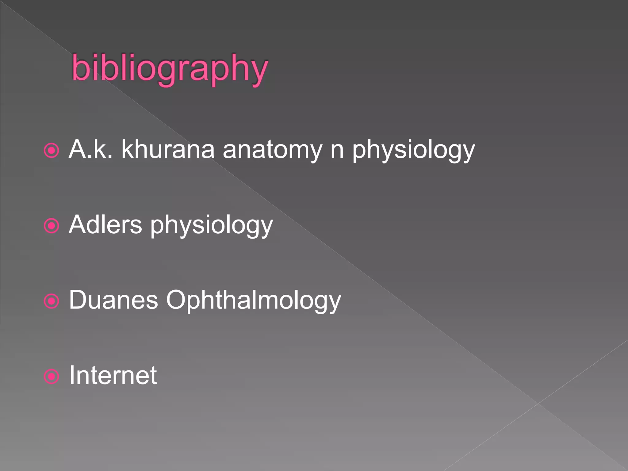  A.k. khurana anatomy n physiology
 Adlers physiology
 Duanes Ophthalmology
 Internet
 