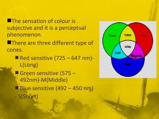 The sensation of colour is
subjective and it is a perceptual
phenomenon.
There are three different type of
cones.
 Red sensitive (725 – 647 nm)-
L(Long)
 Green sensitive (575 –
492nm)-M(Middle)
 Blue sensitive (492 – 450 nm)
- S(Short)
 