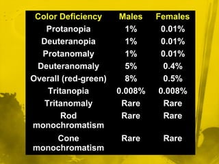 Color Deficiency Males Females
Protanopia 1% 0.01%
Deuteranopia 1% 0.01%
Protanomaly 1% 0.01%
Deuteranomaly 5% 0.4%
Overall (red-green) 8% 0.5%
Tritanopia 0.008% 0.008%
Tritanomaly Rare Rare
Rod
monochromatism
Rare Rare
Cone
monochromatism
Rare Rare
 