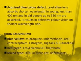 Acquired blue colour defect: crystalline lens
absorbs shorter wavelength in young, less than
400 nm and in old people up to 550 nm are
absorbed. It results in defective colour vision on
shorter wavelength side.
DRUG CAUSING CVD
Blue-yellow: chloroquine, indomethacin, oral
contracaptives. Estrogens, Digitalis & Butazolidin
Red green: Ethyl alcohol & Ethambutol
Mixed type: Di & Tri cyclic anti depressants.
 