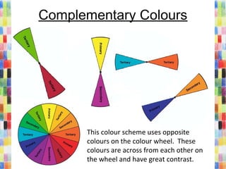 Complementary Colours
This colour scheme uses opposite
colours on the colour wheel. These
colours are across from each other on
the wheel and have great contrast.
 