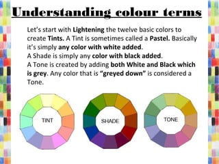 Understanding colour terms
Let’s start with Lightening the twelve basic colors to 
create Tints. A Tint is sometimes called a Pastel. Basically 
it’s simply any color with white added.
A Shade is simply any color with black added.
A Tone is created by adding both White and Black which
is grey. Any color that is “greyed down” is considered a 
Tone.
 