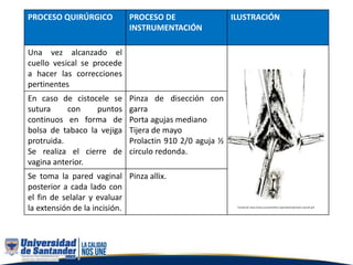 PROCESO QUIRÚRGICO PROCESO DE
INSTRUMENTACIÓN
ILUSTRACIÓN
Una vez alcanzado el
cuello vesical se procede
a hacer las correcciones
pertinentes
En caso de cistocele se
sutura con puntos
continuos en forma de
bolsa de tabaco la vejiga
protruida.
Se realiza el cierre de
vagina anterior.
Pinza de disección con
garra
Porta agujas mediano
Tijera de mayo
Prolactin 910 2/0 aguja ½
circulo redonda.
Se toma la pared vaginal
posterior a cada lado con
el fin de selalar y evaluar
la extensión de la incisión.
Pinza allix.
Tomado de: https://www.yourpelvicfloor.org/media/colpocleisis-spanish.pdf
 