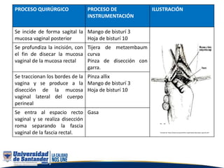 PROCESO QUIRÚRGICO PROCESO DE
INSTRUMENTACIÓN
ILUSTRACIÓN
Se incide de forma sagital la
mucosa vaginal posterior
Mango de bisturí 3
Hoja de bisturí 10
Se profundiza la incisión, con
el fin de disecar la mucosa
vaginal de la mucosa rectal
Tijera de metzembaum
curva
Pinza de disección con
garra.
Se traccionan los bordes de la
vagina y se produce a la
disección de la mucosa
vaginal lateral del cuerpo
perineal
Pinza allix
Mango de bisturí 3
Hoja de bisturí 10
Se entra al espacio recto
vaginal y se realiza disección
roma separando la fascia
vaginal de la fascia rectal.
Gasa
Tomado de:
https://www.yourpelvicfloor.org/media/colpocleisis-
spanish.pdf
Tomado de: https://www.yourpelvicfloor.org/media/colpocleisis-spanish.pdf
 